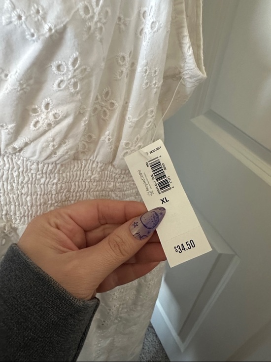 NWT White Eyelet Cotton Midi Dress XL Ruffle V-Neck Smocked Waist Cottagecore - Picture 3 of 5